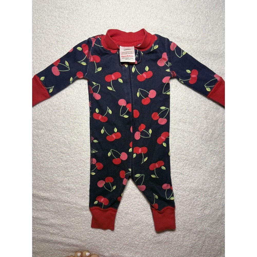 Hanna Andersson Baby One Piece Zip-Up Navy Cherry Cherries Print, Size Newborn